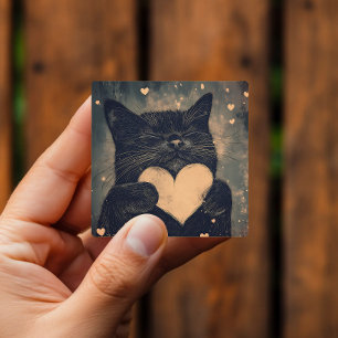 Adorable Black Cat with Golden Heart Square Sticker