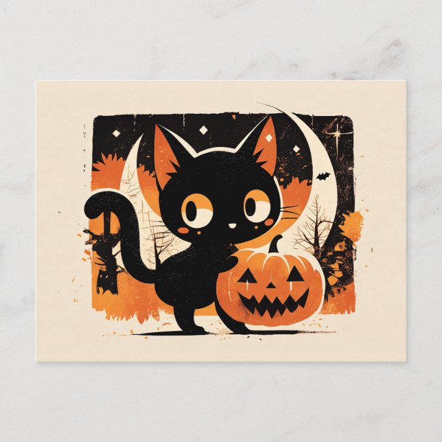 Adorable Black Cat with Jack-o’-lantern Postcard (Front)