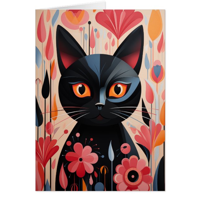 Adorable Black Cat With Pink Flowers Blank Inside  (Front)