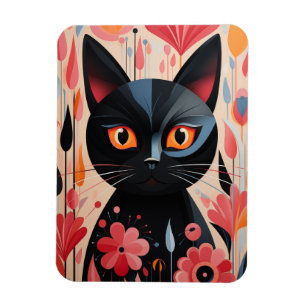 Adorable Black Cat With Pink Flowers Magnet