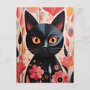 Adorable Black Cat With Pink Flowers Postcard