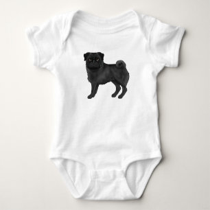 Adorable Black Colour Pug Mops Dog Illustration Baby Bodysuit