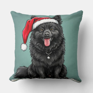 Adorable Black Dog Wearing Santa Hat Throw Pillow