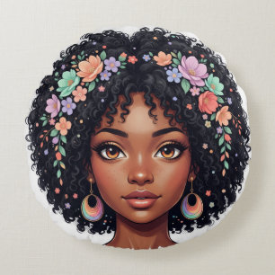 Adorable Black Girl W/ Flower Crown Afro Round Pillow