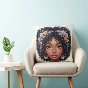 Adorable Black Girl W/ Flower Crown Afro Throw Pillow