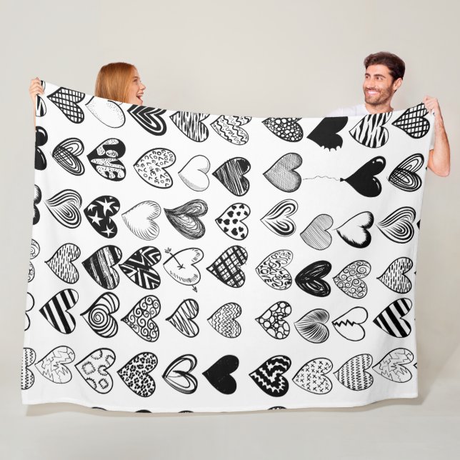 Adorable Black Heart Scribble Drawing Fleece Blanket (In Situ)