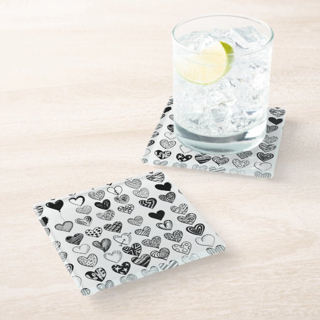 Adorable Black Heart Scribble Drawing Glass Coaster (Angled)