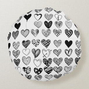 Adorable Black Heart Scribble Drawing Round Pillow