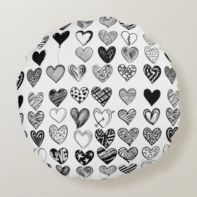 Adorable Black Heart Scribble Drawing Round Pillow (Back)