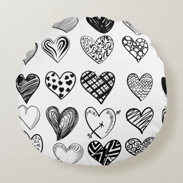 Adorable Black Heart Scribble Drawing Round Pillow (Front)