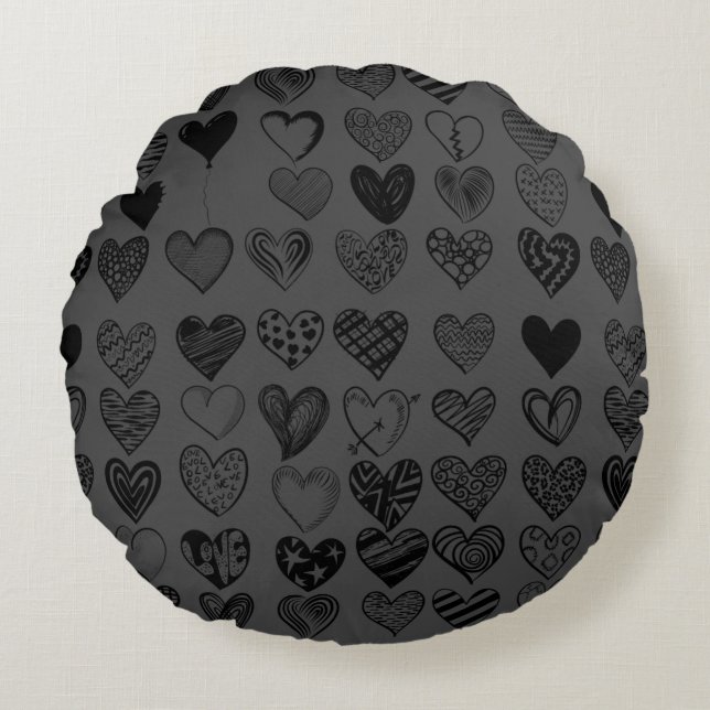 Adorable Black Heart Scribble Drawing Round Pillow (Front)