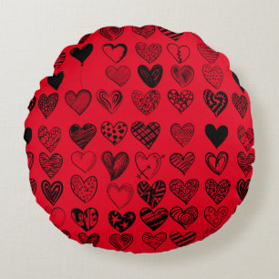 Adorable Black Heart Scribble Drawing Round Pillow
