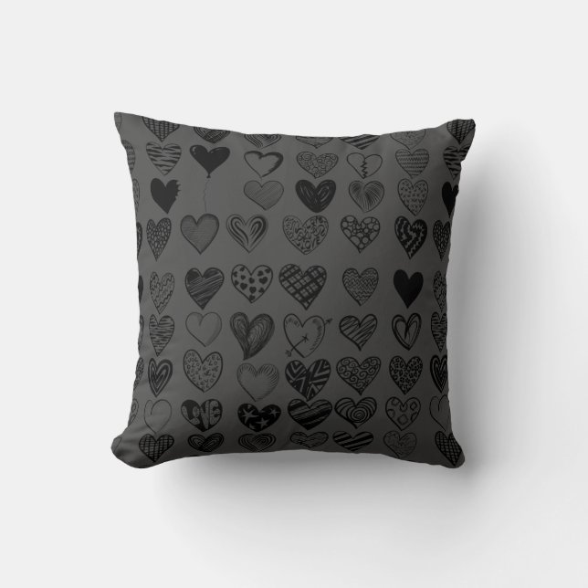 Adorable Black Heart Scribble Drawing Throw Pillow (Front)