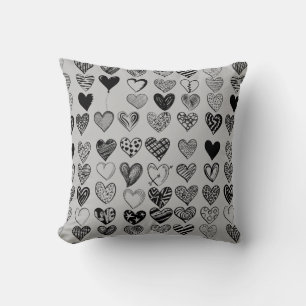 Adorable Black Heart Scribble Drawing Throw Pillow