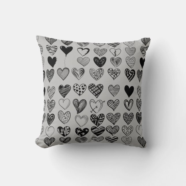 Adorable Black Heart Scribble Drawing Throw Pillow (Front)