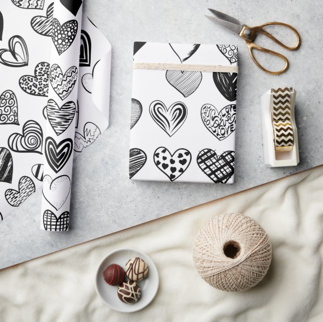 Adorable Black Heart Scribble Drawing Wrapping Paper (Crafts)