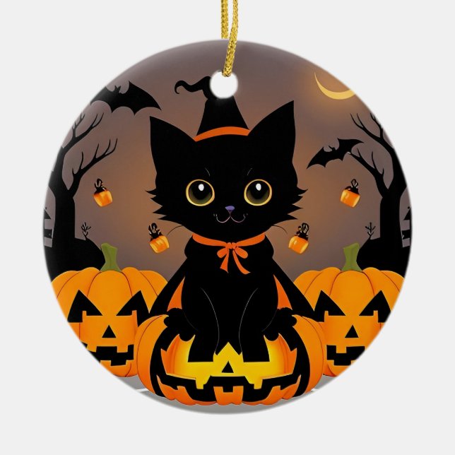 Adorable Black Kitten in Witch Hat Ceramic Ornament (Front)