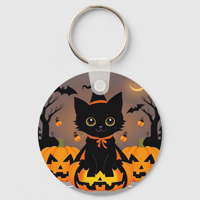 Adorable Black Kitten in Witch Hat Keychain (Front)