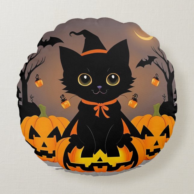 Adorable Black Kitten in Witch Hat Round Pillow (Front)