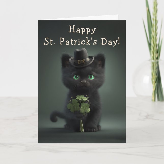 Adorable Black Kitten on St. Patrick&#x27;s Day Holiday Card (Front)