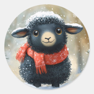 Adorable Black Lamb With Red Scarf Classic Round Sticker