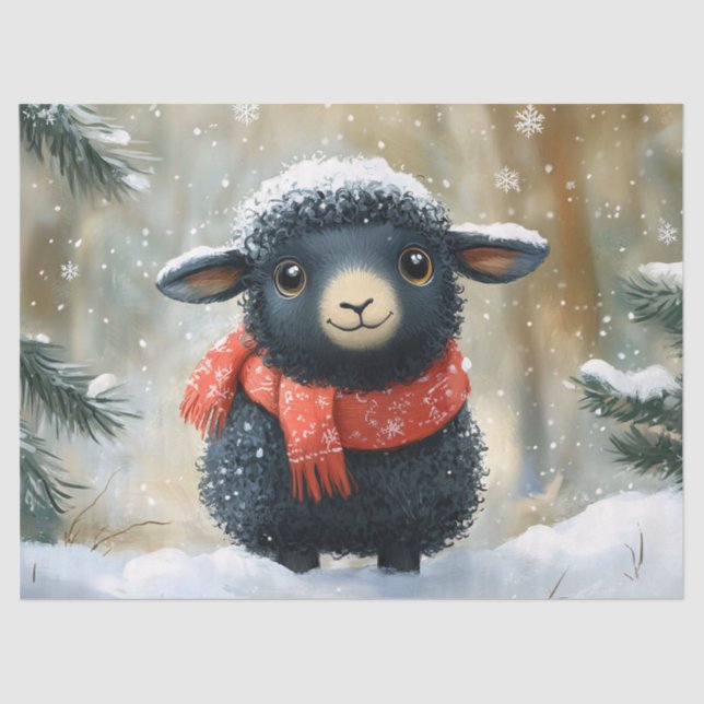 Adorable Black Lamb With Red Scarf Decoupage Tissue Paper (Front)