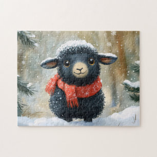 Adorable Black Lamb With Red Scarf Jigsaw Puzzle