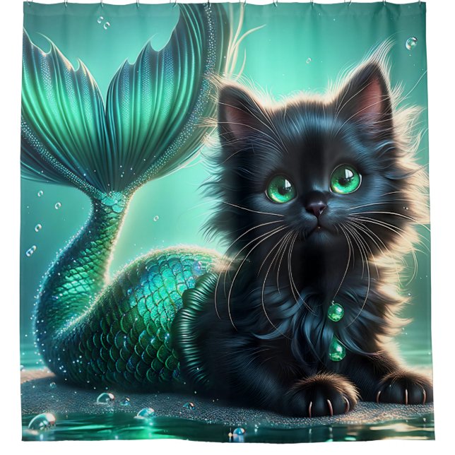 “Adorable Black Mermaid Kitten with Green Eyes" (Front)