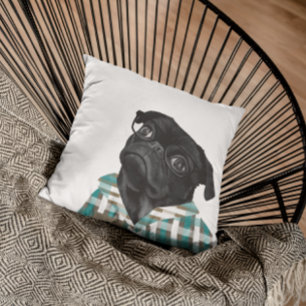 Adorable Black Pug With Glasses and Shirt Throw Pillow