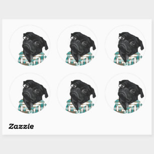 Adorable black pug with glasses classic round sticker