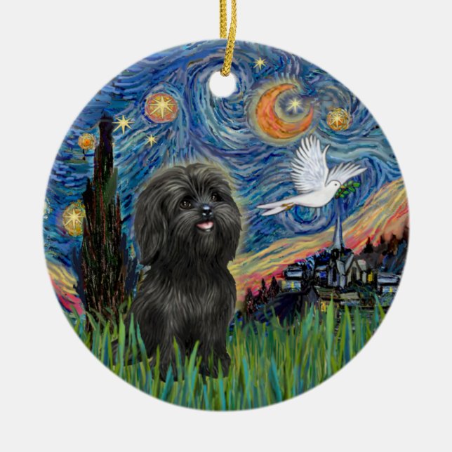 Adorable Black Shih Tzu in Starry Night Adaptation Ceramic Ornament (Front)