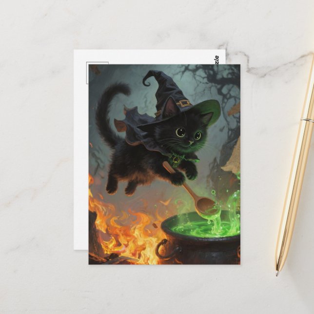 Adorable Black Witch Cat Making Potions Postcard (Front/Back In Situ)