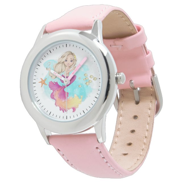 Adorable Blonde Ocean Mermaid PInk Girl's Watch (Angled)