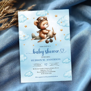 Adorable blue aviator teddy bear boy baby shower invitation