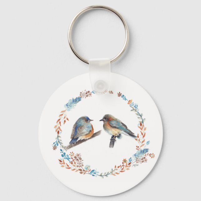 Adorable Blue Bird Couple Watercolor Art Keychain (Front)