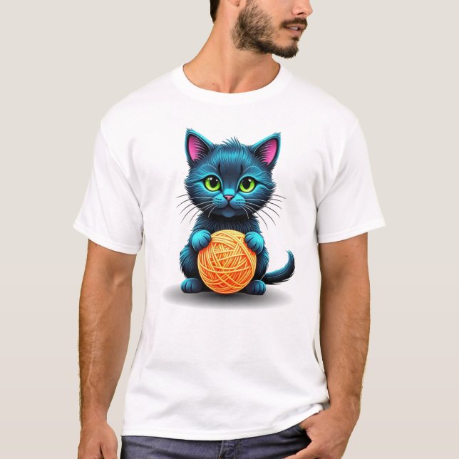 Adorable Blue Cat with Yarn Ball T-Shirt (Front)