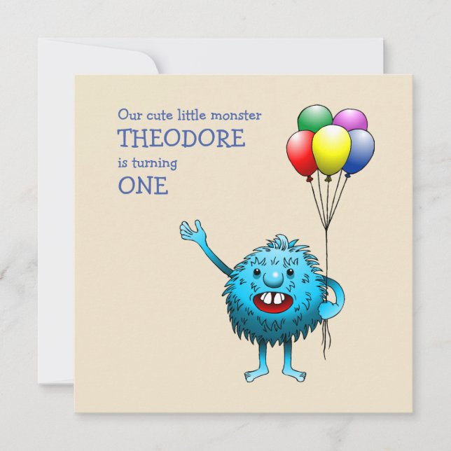 Adorable Blue Creature holding Balloons Invitation (Front)