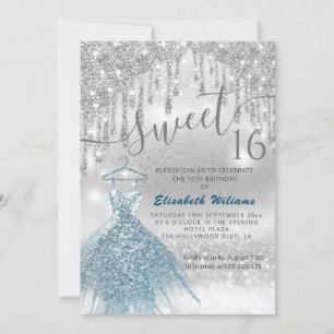 Adorable blue dress silver glittery drips ombre invitation