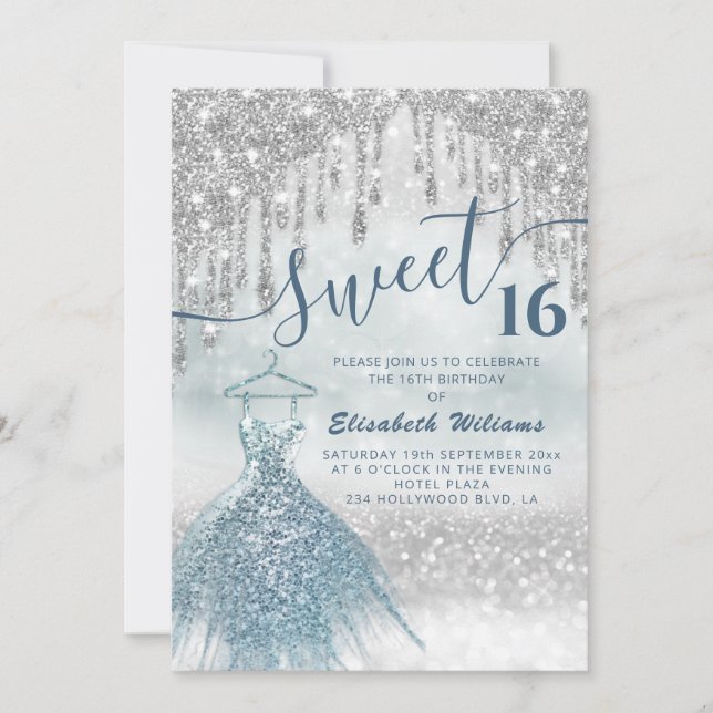 Adorable blue dress silver glittery drips ombre invitation (Front)