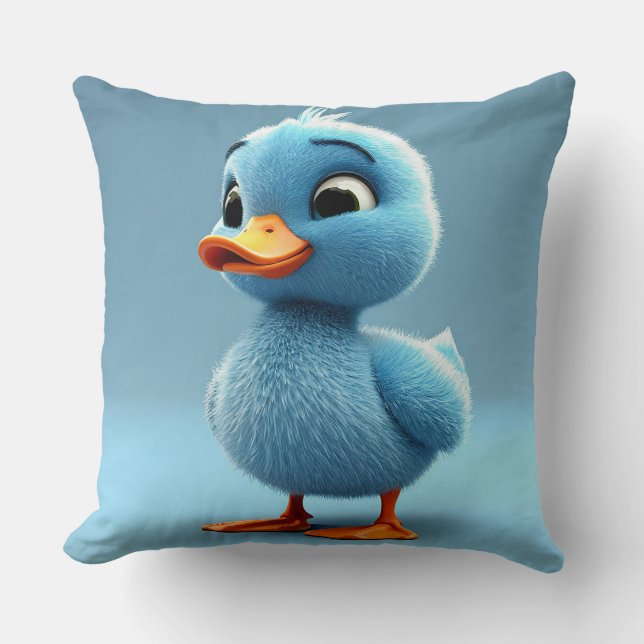 Adorable Blue Duckling With Fluffy Feathers Throw Pillow (Front)