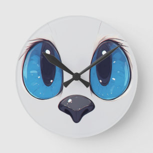 Adorable Blue Eyes Cat Face Cute Kawaii Cat Design Round Clock