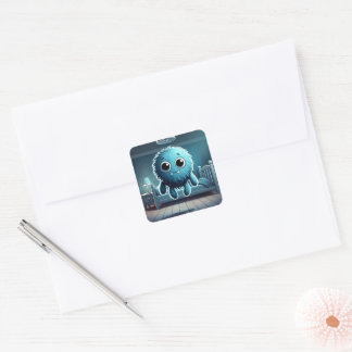 Adorable Blue Fluffy Creature Square Sticker
