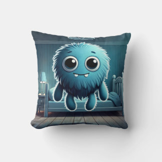 Adorable Blue Fluffy Creature Throw Pillow