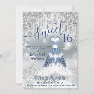Adorable blue glowing dress silver glittery drips invitation