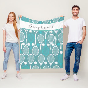 Adorable Blue Green Cute Tennis Girl Your Name Fun Fleece Blanket