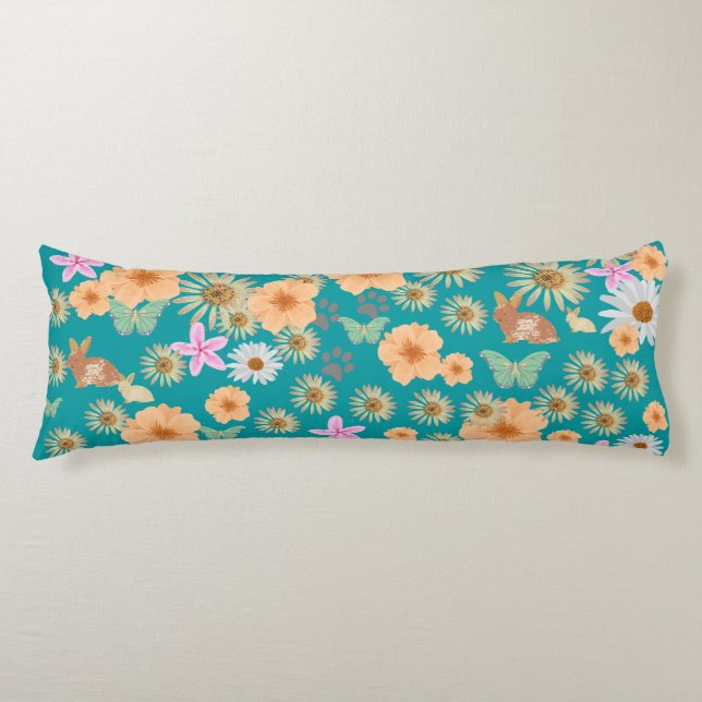 Adorable blue pattern floral rabbits  body pillow (Front)