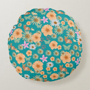 Adorable blue pattern floral rabbits  round pillow