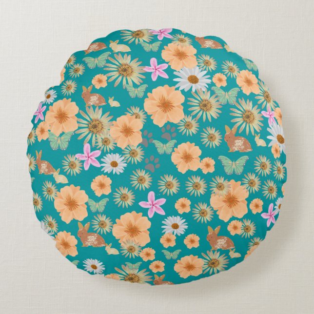 Adorable blue pattern floral rabbits  round pillow (Front)