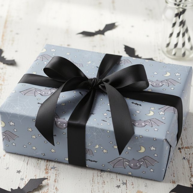 Adorable Blue Spooky Cute Bats Halloween Wrapping Paper (Blue & Black Bats Halloween October Birthday Party Wrapping Paper. Whimsical Wings Halloween Pattern)