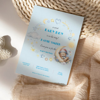 Adorable Blue Stars and Moon Sleepy Teddy Bear Invitation